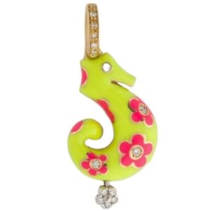 Aaron Basha 18k Gold Diamond Enamel Seahorse Pendant Charm-Estate Jewelry 7.2g